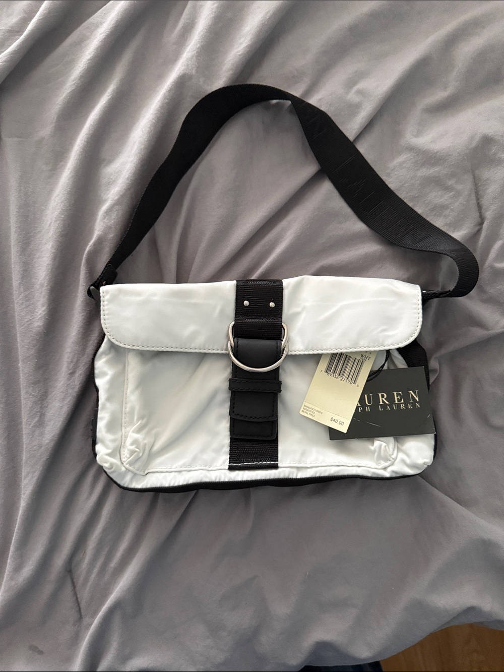 Ralph Lauren White Nylon Messenger Bag with Black Strap